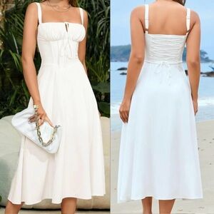 Parthea Milkmaid Tie Front Corset Top Sleeveless Midi Maxi Dress in White Medium